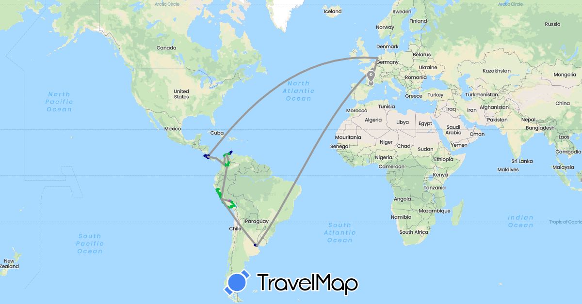 TravelMap itinerary: driving, bus, plane, train, hiking, boat in Argentina, Colombia, Costa Rica, France, Netherlands, Panama, Peru (Europe, North America, South America)
