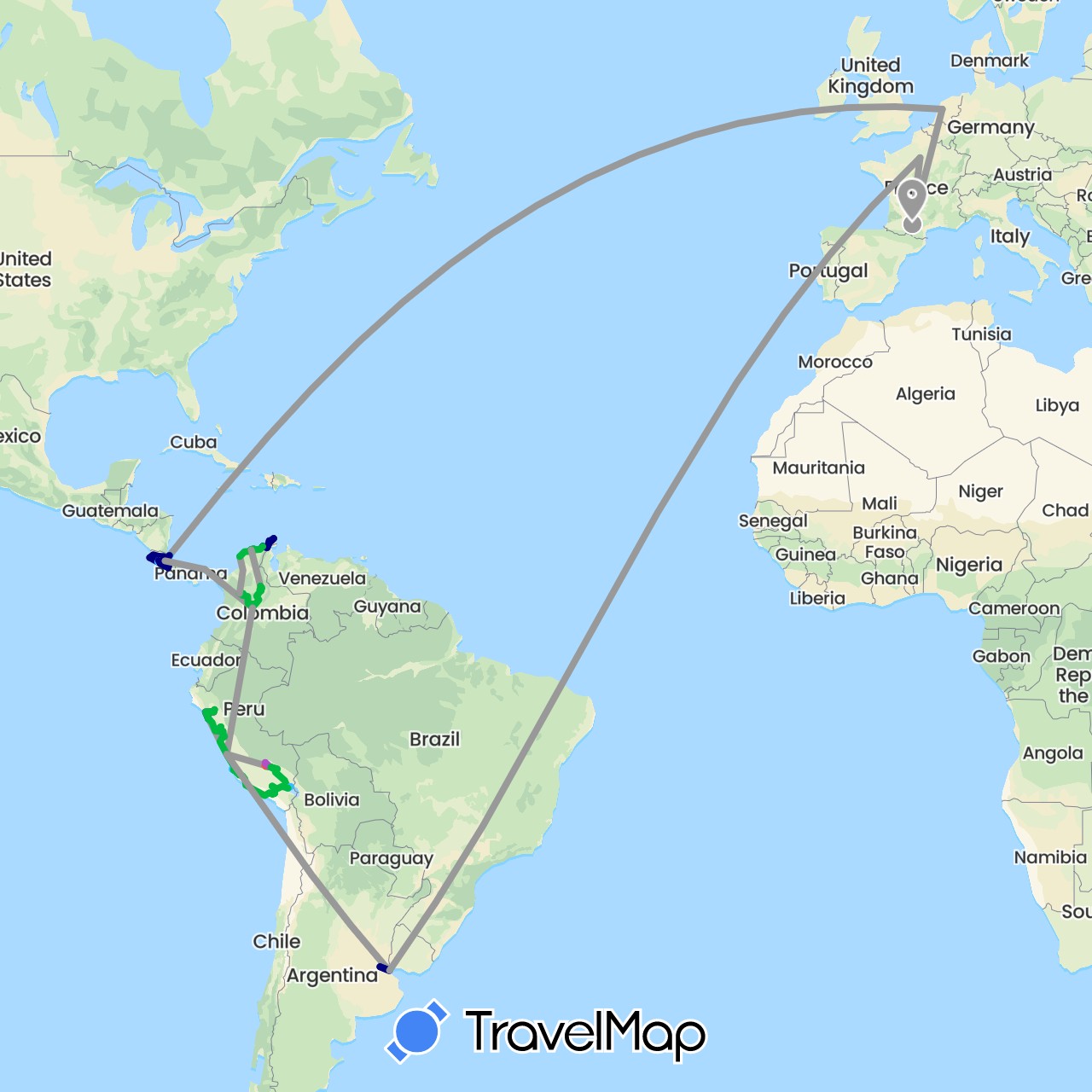 TravelMap itinerary: driving, bus, plane, train, hiking, boat in Argentina, Colombia, Costa Rica, France, Netherlands, Panama, Peru (Europe, North America, South America)